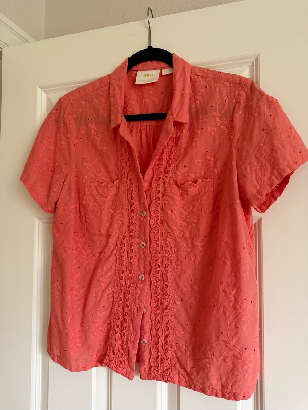 Anthropologie Coral Eyelet Short-Sleeve Button-Down